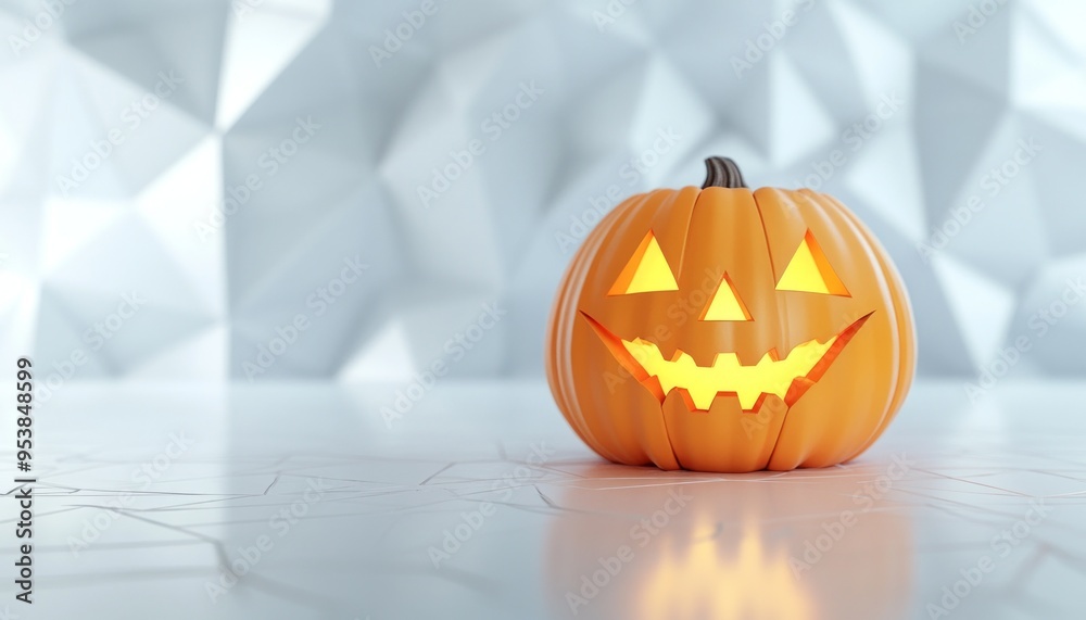 Smiling Jack-O'-Lantern on White Geometric Background in Bright Lighting Smiling Jack-O'-Lantern on White Geometric Background in Bright Lighting