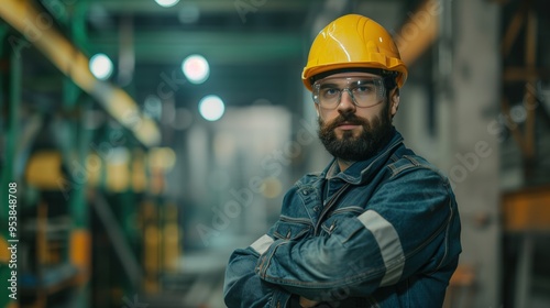 A skilled laborer poses with arms crossed in a busy workshop filled with machinery