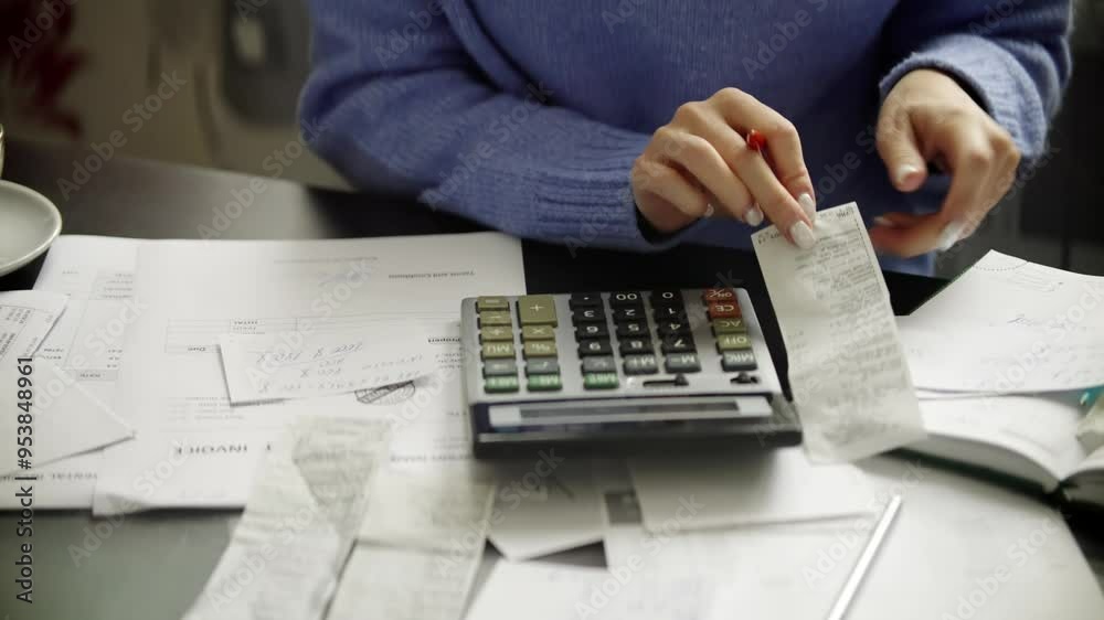 Woman calculating finances with calculator and receipts