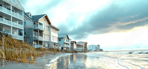 A row of coastal beach houses with balconies overlooking the ocean, captured at sunrise with waves gently washing ashore and a cloudy sky overhead.