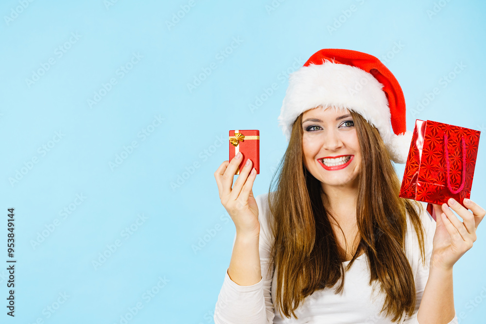 Happy Christmas woman holds red gift box Happy Christmas woman holds red gift box