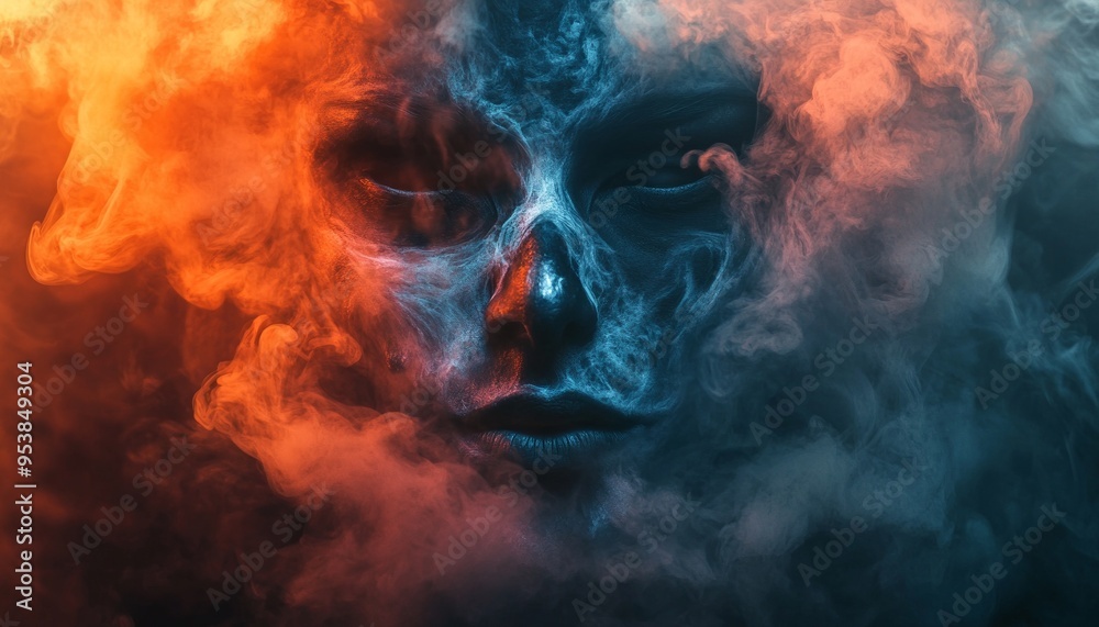 Fototapeta premium Eerie Face of Smoke Forming a Grim Expression in Dark Background with Fiery Glows