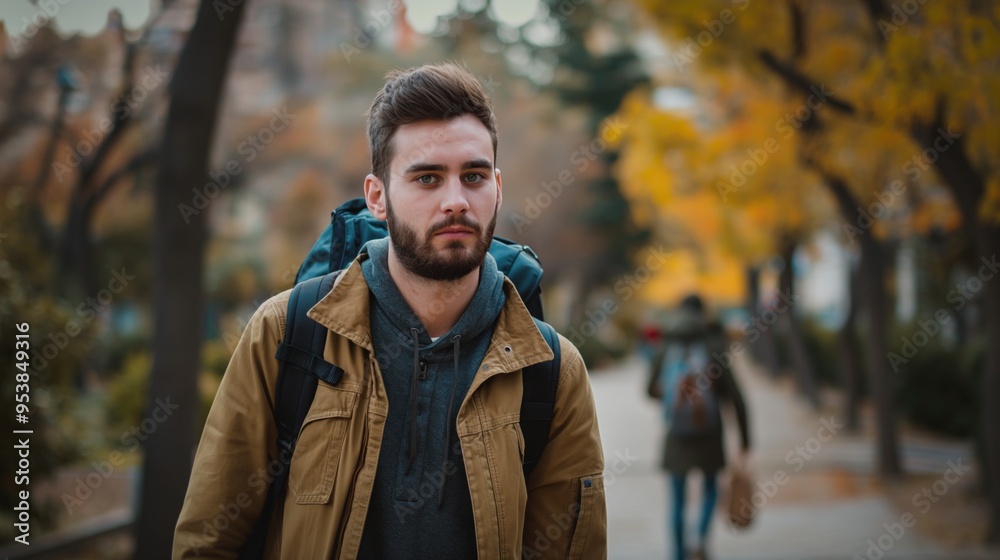A man strolls through a park with yellow autumn leaves in the background A man strolls through a park with yellow autumn leaves in the background