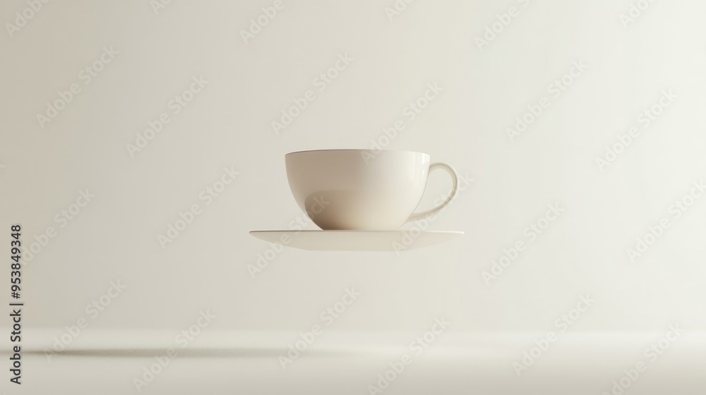 White Coffee Cup and Saucer Floating in Mid-Air White Coffee Cup and Saucer Floating in Mid-Air