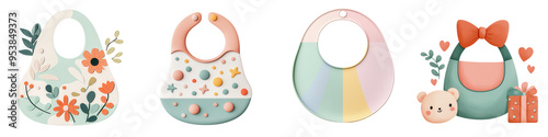 A collection of colorful baby bibs with playful designs, perfect for mealtime messes and protecting little outfits. photo