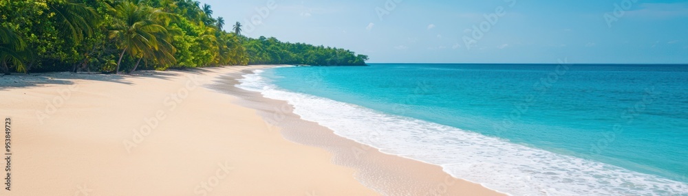 Tranquil tropical beach with palm trees and clear blue water, ideal for relaxation and vacation. Tranquil tropical beach with palm trees and clear blue water, ideal for relaxation and vacation.