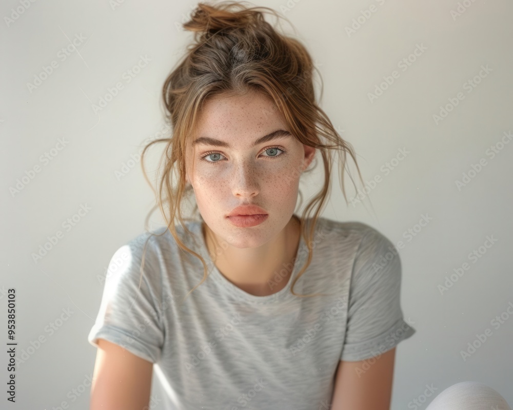 Young woman with a casual pose in a studio, soft and natural lighting, minimalist backdrop, eyelevel view, focus on her relaxed and stylish look Young woman with a casual pose in a studio, soft and natural lighting, minimalist backdrop, eyelevel view, focus on her relaxed and stylish look
