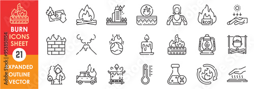 A set of line icons related to Burn. Burn, sun, bonfire, hot, warm, acid, firewall, money, city, skin, candle, car, forest, volcano, and so on. Vector outline icons set.