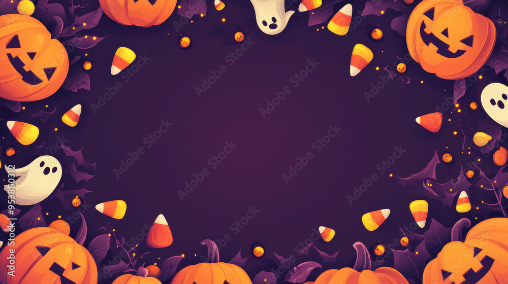 A Halloween themed background with ghosts, bats, and pumpkins A Halloween themed background with ghosts, bats, and pumpkins