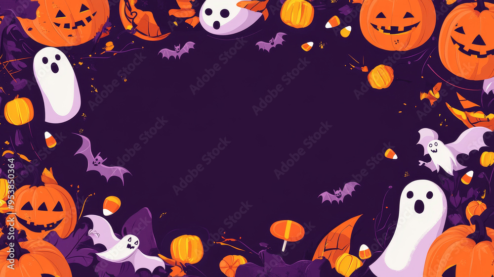 A Halloween themed background with ghosts, bats, and pumpkins A Halloween themed background with ghosts, bats, and pumpkins