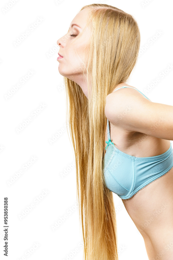 Fototapeta premium Girl long blond hair wearing bra