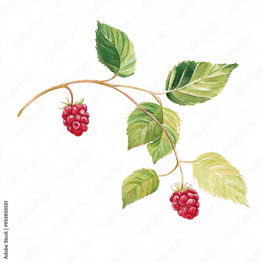 Watercolor Hand Painted Raspberry Branch on White Background for Spring or Summer Design Generative AI Watercolor Hand Painted Raspberry Branch on White Background for Spring or Summer Design Generative AI