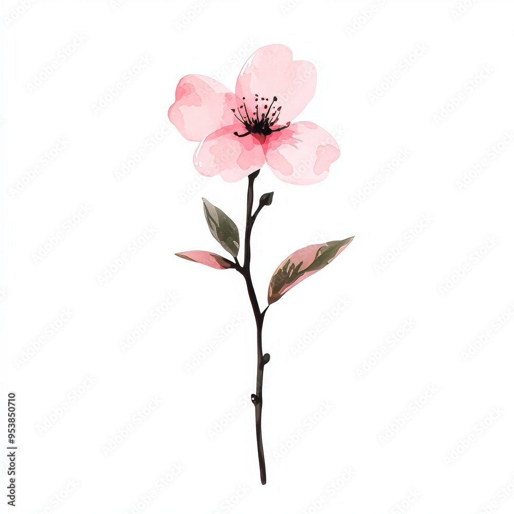 Watercolor Handpainted Pastel Pink Flower Branch on White Background for Spring and Summer Designs Generative AI