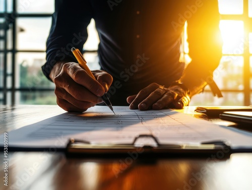 Business professional signing a document at a modern office desk with natural sunlight streaming through a window in the background. photo