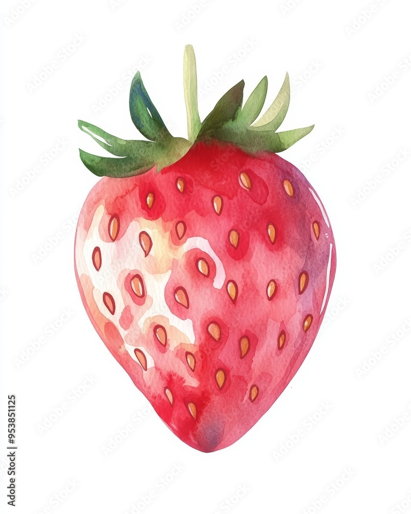 Fototapeta premium A Simple Flat Watercolor Illustration of One Symmetrical Red Strawberry on a White Background for Children's Book Generative AI
