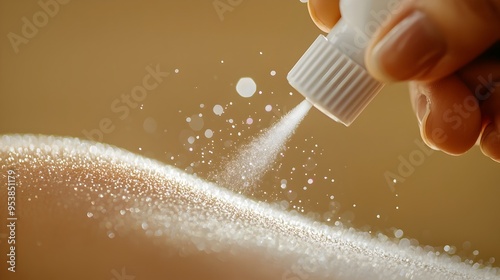 Close-up of antiseptic spray being applied to a minor skin injury with visible droplets photo