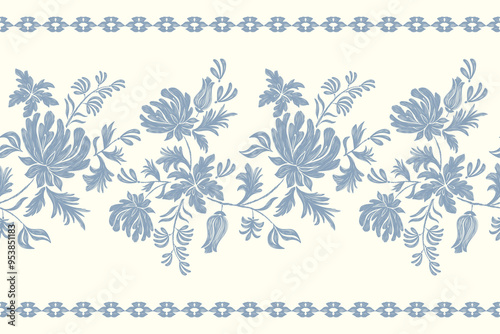 Tapestry floral pattern vintage ethnic modern embroidery texture boho design vector illustration hand drawn silhouette indigo blue flower motif branches leaves wallpaper seamless background border.