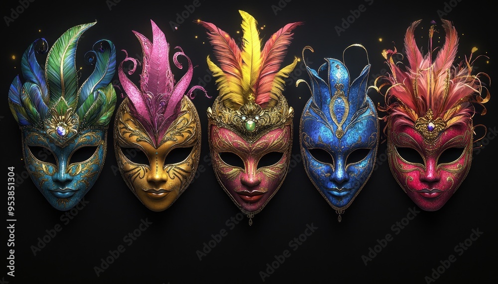 Set of Colorful Carnival Masks with Feathers on Dark Background Set of Colorful Carnival Masks with Feathers on Dark Background