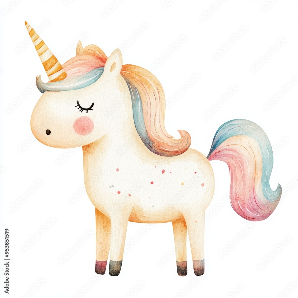 Whimsical Watercolour Illustration of a Happy Unicorn in Muted Tones, Perfect for Children's Book or Nursery Decor Generative AI Whimsical Watercolour Illustration of a Happy Unicorn in Muted Tones, Perfect for Children's Book or Nursery Decor Generative AI