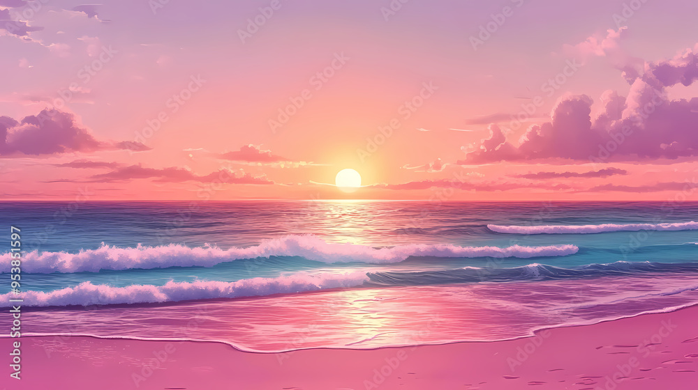 Beautiful sunset over a pink sandy beach and ocean. spectacular beach scene, beach travel view background. Sunset. Illustration Beautiful sunset over a pink sandy beach and ocean. spectacular beach scene, beach travel view background. Sunset. Illustration