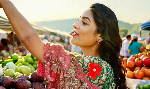 Algerian Woman Enjoying Fresh Produce at Farmer's Market