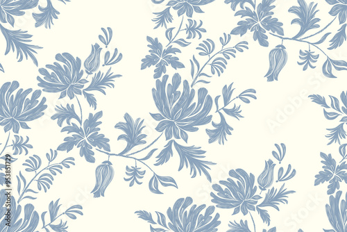 Vintage floral ethnic tapestry modern embroidery texture boho design vector illustration hand drawn silhouette indigo blue flower motif branches leaves wallpaper seamless background border.