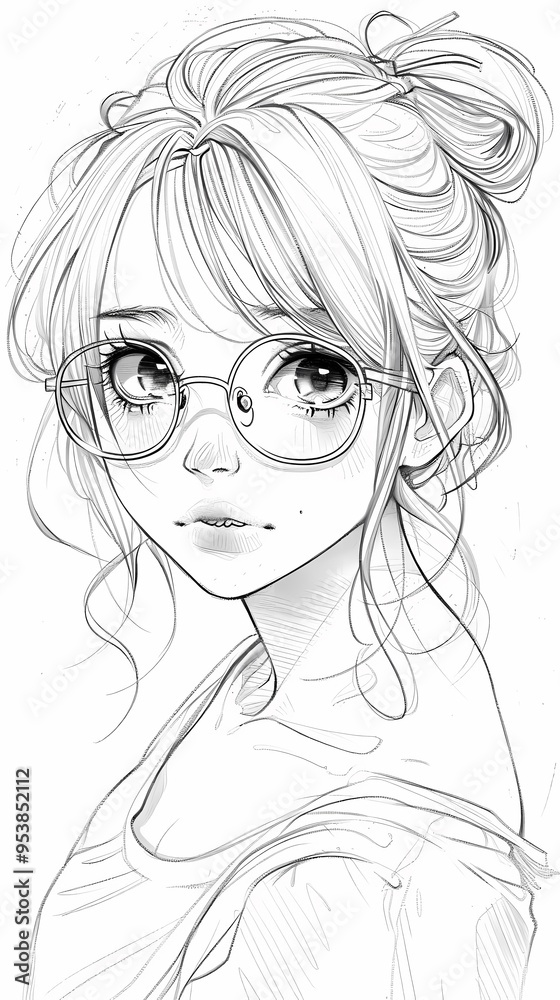 Monochrome anime-style girl with long hair, wearing a shirt and plaid skirt, looking content. Monochrome anime-style girl with long hair, wearing a shirt and plaid skirt, looking content.