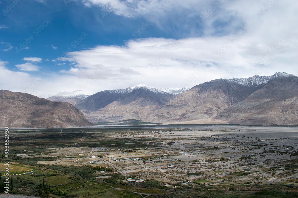 Naklejka premium Nubra Vally in Ladakh, India the scenic view of leh ladakh with free space