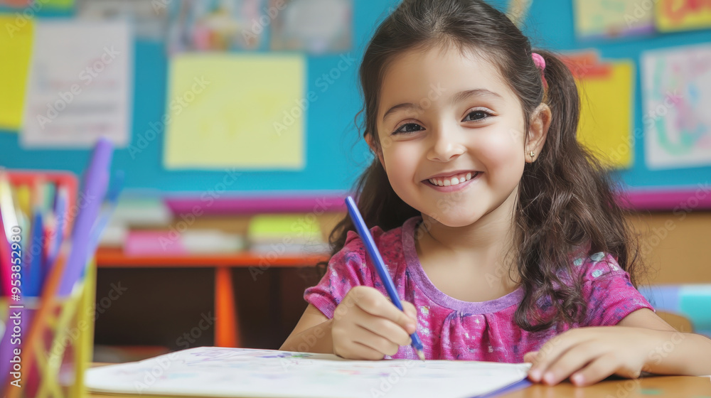 Smiling Girl Drawing in a Colorful Classroom Smiling Girl Drawing in a Colorful Classroom