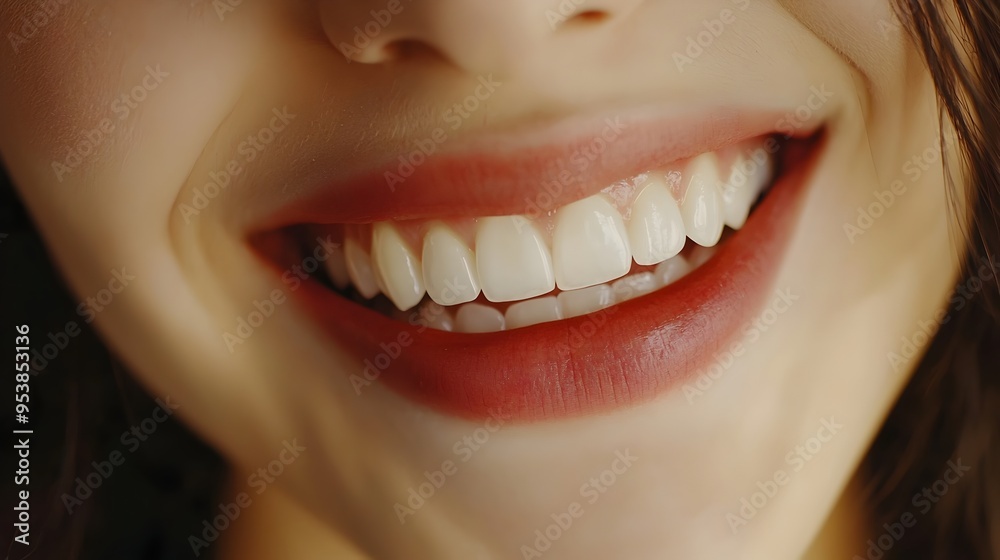 Fototapeta premium Close-up of a person's bright,shiny smile showcasing straight,healthy teeth and soft lips in a