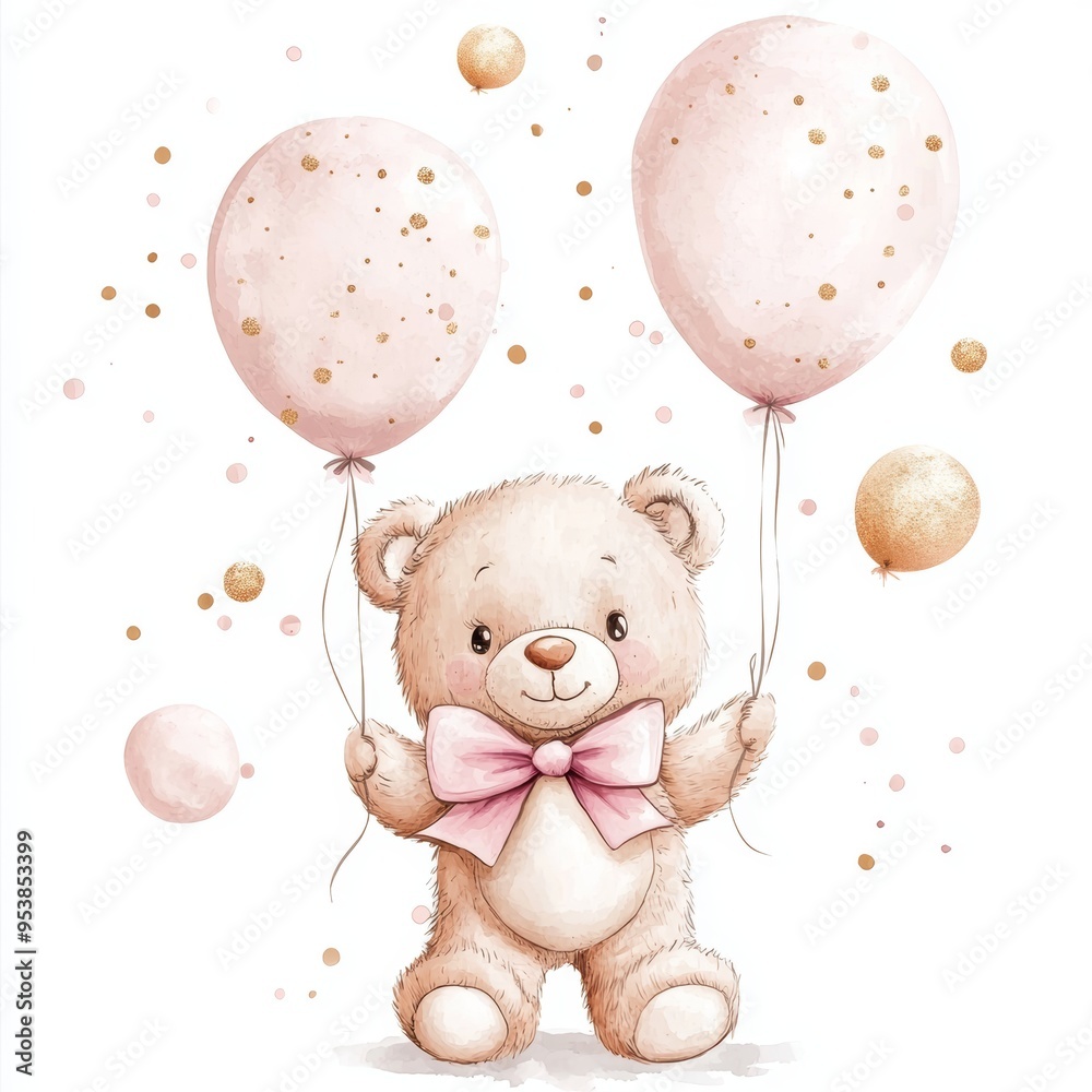 Cute Teddy Bear Holding Balloons for Baby Shower Celebration Generative AI