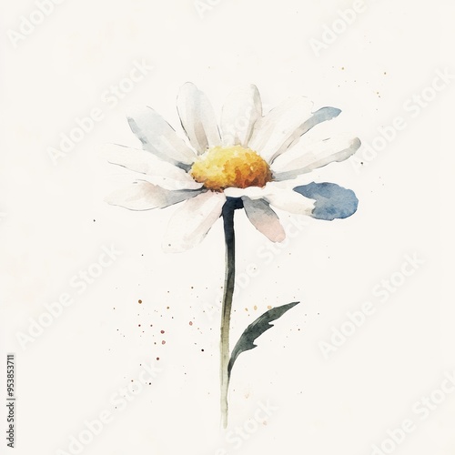 Watercolor Hand Painted Single Daisy on White Background, Floral Illustration for Spring and Summer Designs Generative AI