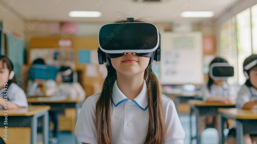 A school student with VR headset using artificial intelligence technology and machine learning Interactive technology in classroom. A school student with VR headset using artificial intelligence technology and machine learning Interactive technology in classroom.