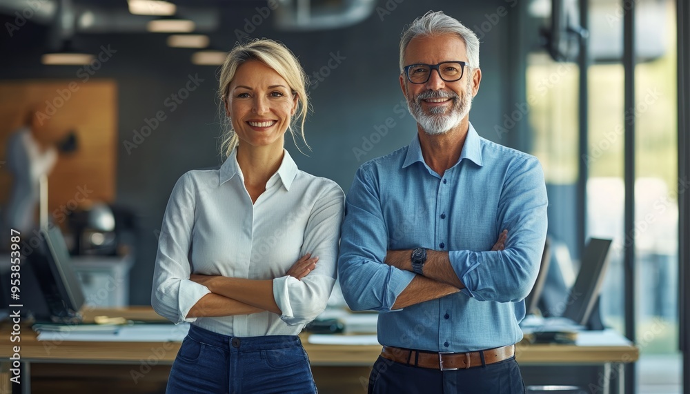 Obraz premium Portrait of Two Happy Executives Standing Together in Modern Office