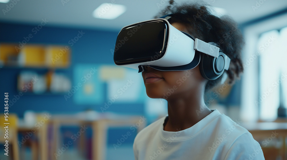 A school student with VR headset using artificial intelligence technology and machine learning Interactive technology in classroom. A school student with VR headset using artificial intelligence technology and machine learning Interactive technology in classroom.