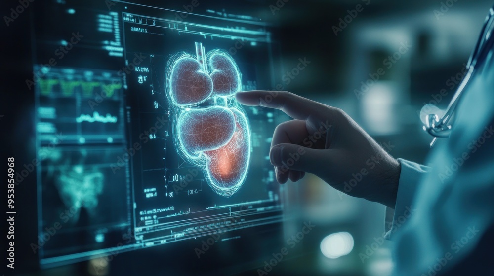 Doctor Examining 3D Model of Human Body on Computer Doctor Examining 3D Model of Human Body on Computer