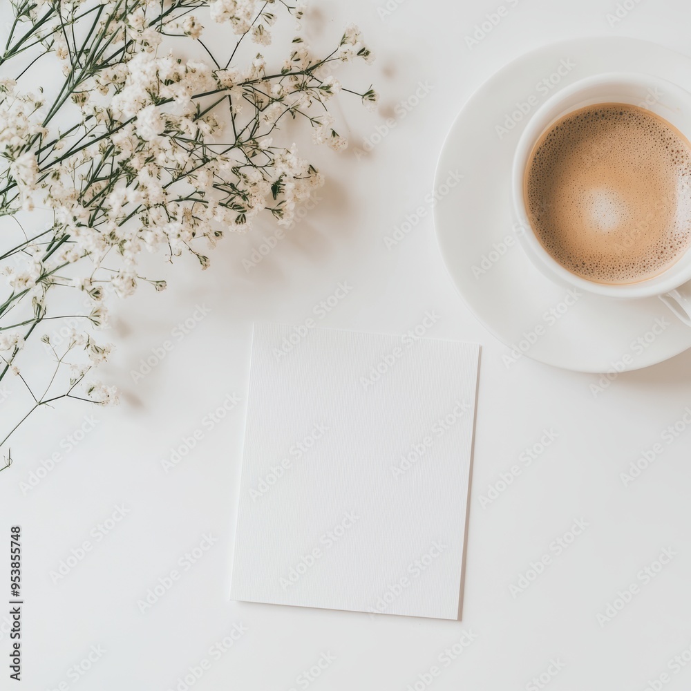 Blank White Greeting Card Mockup with Coffee and Flowers on a Minimalist Table Generative AI Blank White Greeting Card Mockup with Coffee and Flowers on a Minimalist Table Generative AI