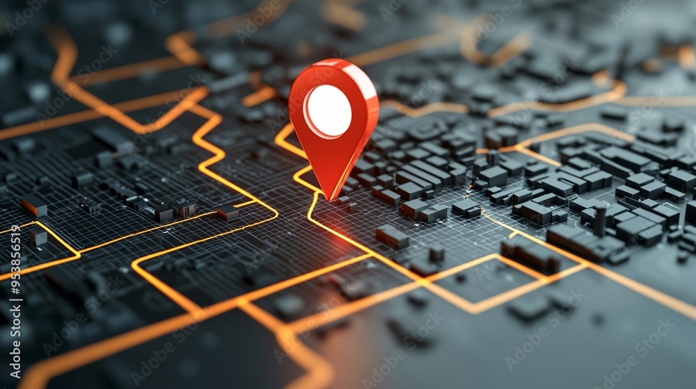 Automobile emitting a bright red location marker on a dark digital map, embodying modern GPS functionality Automobile emitting a bright red location marker on a dark digital map, embodying modern GPS functionality