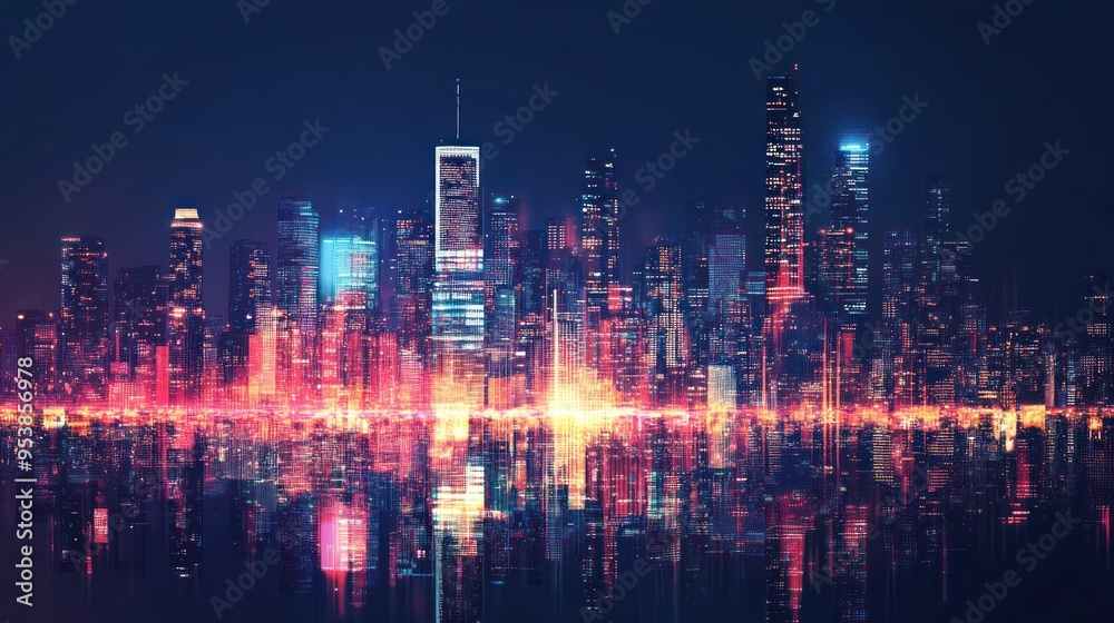 Fototapeta premium Night Cityscape with Neon Lights