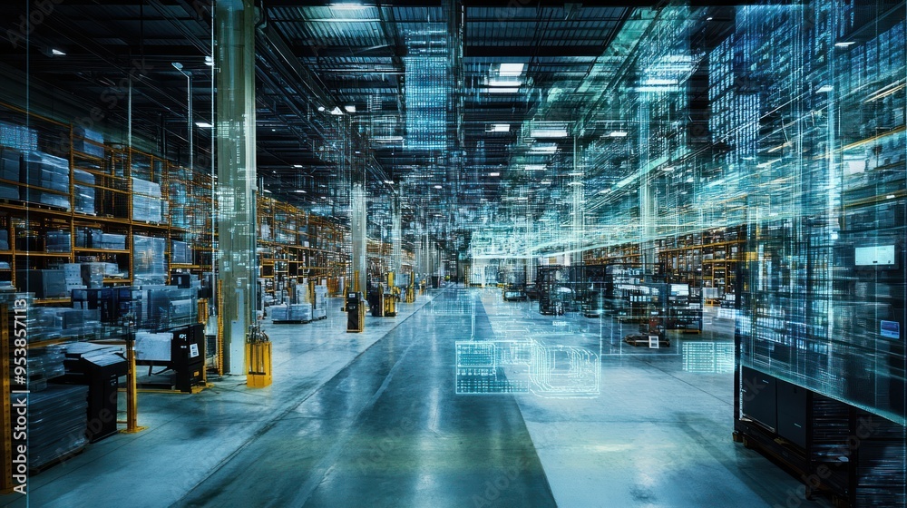 Digital Overlay of a Warehouse Interior with Data and Network Visualization Digital Overlay of a Warehouse Interior with Data and Network Visualization
