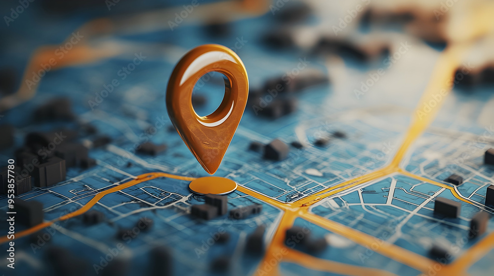 Location pin on a blue 3D navigation map background, featuring GPS address navigation and directional markers. This modern city point symbol helps you find travel destinations 