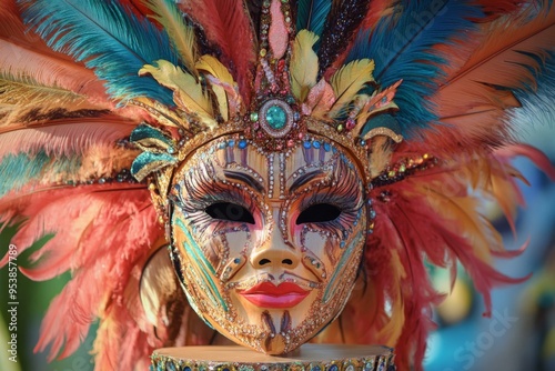 a beautiful, hand-carved, wooden mask, adorned with feathers and sequins, sits atop a festive pedestal in suriname's avondvierdaagse, a celebration of cultural heritage illustration photo