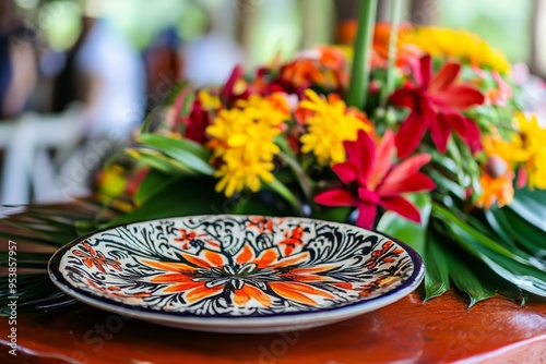 a beautiful, hand-painted ceramic plate, adorned with traditional surinamese motifs, sits atop a vibrant, flower-adorned table in suriname's avondvierdaagse, a celebration of cultural heritage photo