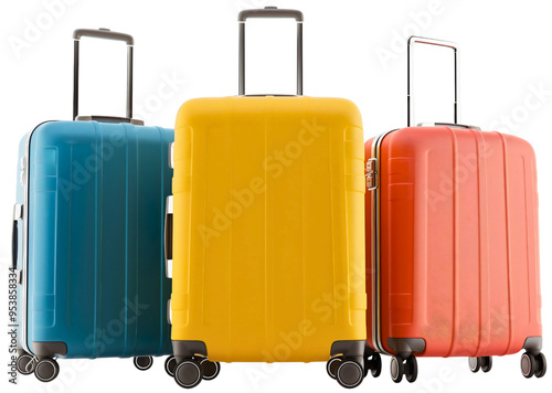 Isolated suitcase, a baggage and luggage item, for travel and holiday tourism, vacation adventure, with a journey bag and trip tour object, yellow, red, blue, three photo