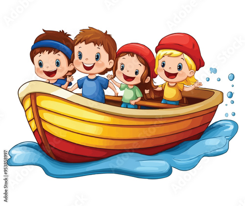 boat with cute cartoon children