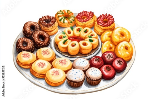 a beautifully arranged hanukkah dessert platter, featuring sufganiyot and other treats illustration photo