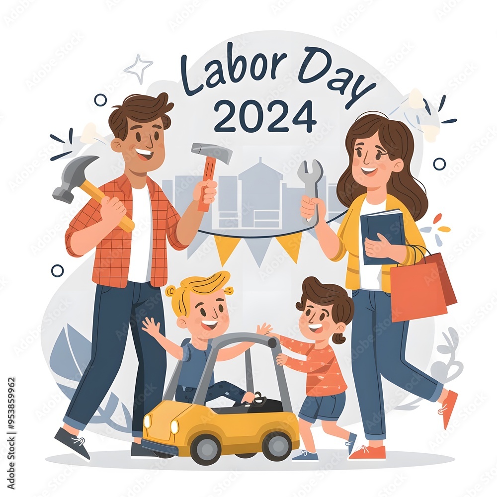 Labor Day 2024: Illustration of a Happy Family Celebrating Labor Day in 2024. The Family Members are Standing in a Park with a Large Labor Day Banner Labor Day 2024: Illustration of a Happy Family Celebrating Labor Day in 2024. The Family Members are Standing in a Park with a Large Labor Day Banner