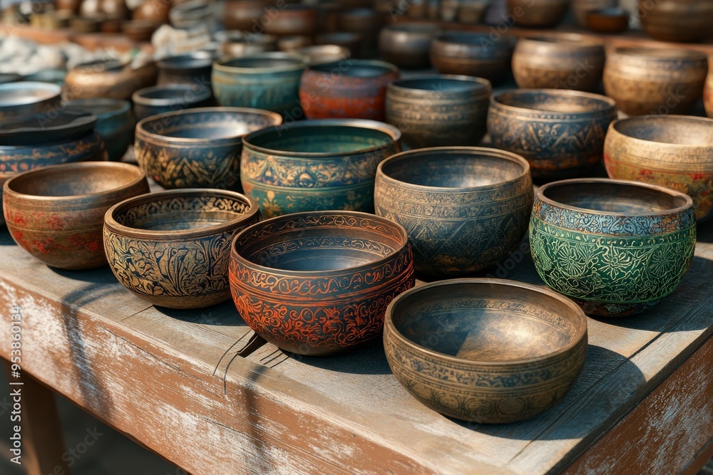 Singing Bowl Market Display Buddhism Religion Spiritual Symbol Singing Bowl Market Display Buddhism Religion Spiritual Symbol