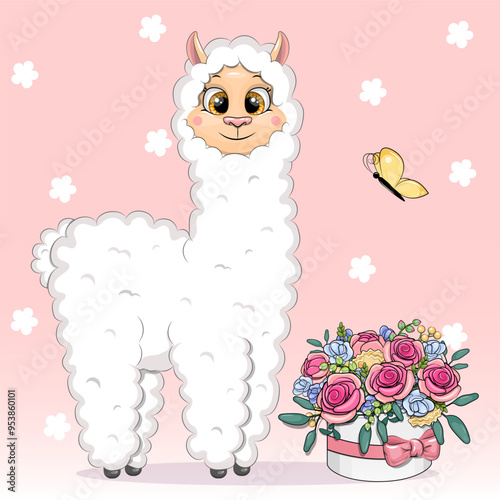 Cute cartoon llama with a bouquet of flowers. Vector illustration of an animal with roses and a butterfly on a pink background.