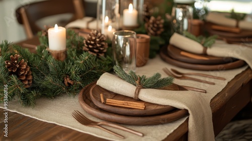 A cozy Christmas table setting featuring warm earthy tones, eleg photo